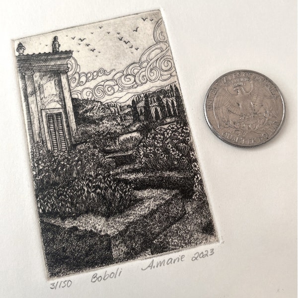 Boboli Gardens Etching Print  - Tiny Hand-Pulled Intaglio Etching Print from Copperplate - 2"x3" Etching on 8"x10" Paper - Florence Italy