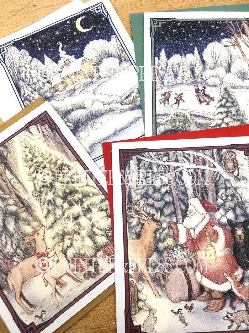 May include: Four different Christmas card designs featuring winter scenes. The first card shows a snowy cottage with a crescent moon in the sky. The second card shows a group of people ice skating on a frozen lake. The third card shows a deer and a rabbit in a snowy forest. The fourth card shows Santa Claus with a reindeer and other animals in a snowy forest.