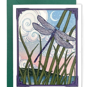 Purple Dragonfly Greeting Card with GreenEnvelope : Winged Thing - Insect Card - Moonrise - Dragonfly Art - Dragonfly Stationery - Clouds