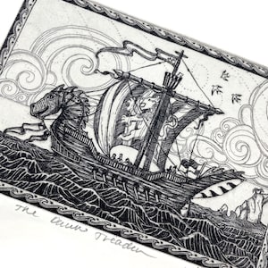 May include: A black and white illustration of a ship with a lion figurehead sailing on a stormy sea. The ship is called "The Dawn Treader" and the image is signed "Amari 2020".