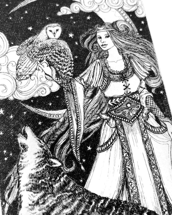Luna the Moon Goddess : Hand-pulled Intaglio Etching Print From