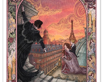 Rooftop Illustration Inspired by Gaston Leroux's "The Phantom of the Opera" : Digital Print in Various Sizes - Book Illustration - Paris