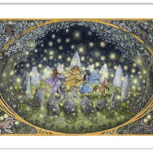 Firefly Dance: Limited Edition Archival Print in Various Sizes - Book Illustration - Stone Circle - Fairy Ring - Art Nouveau - Scotland