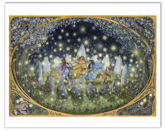 Firefly Dance: Limited Edition Archival Print in Various Sizes - Book Illustration - Stone Circle - Fairy Ring - Art Nouveau - Scotland