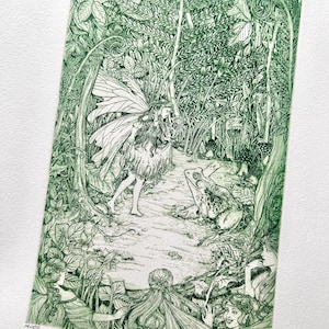 May include: A green and white illustration of a fairy and a frog in a forest setting. The fairy has wings and is standing on a path. The frog is sitting on a log. The text "The Fairy and the Frog" is written below the image.