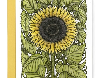 Sunflower Card with Yellow Envelope - Digitally Colored and Printed - Summer Card - Autumn Card - Thanksgiving Card - Floral Card