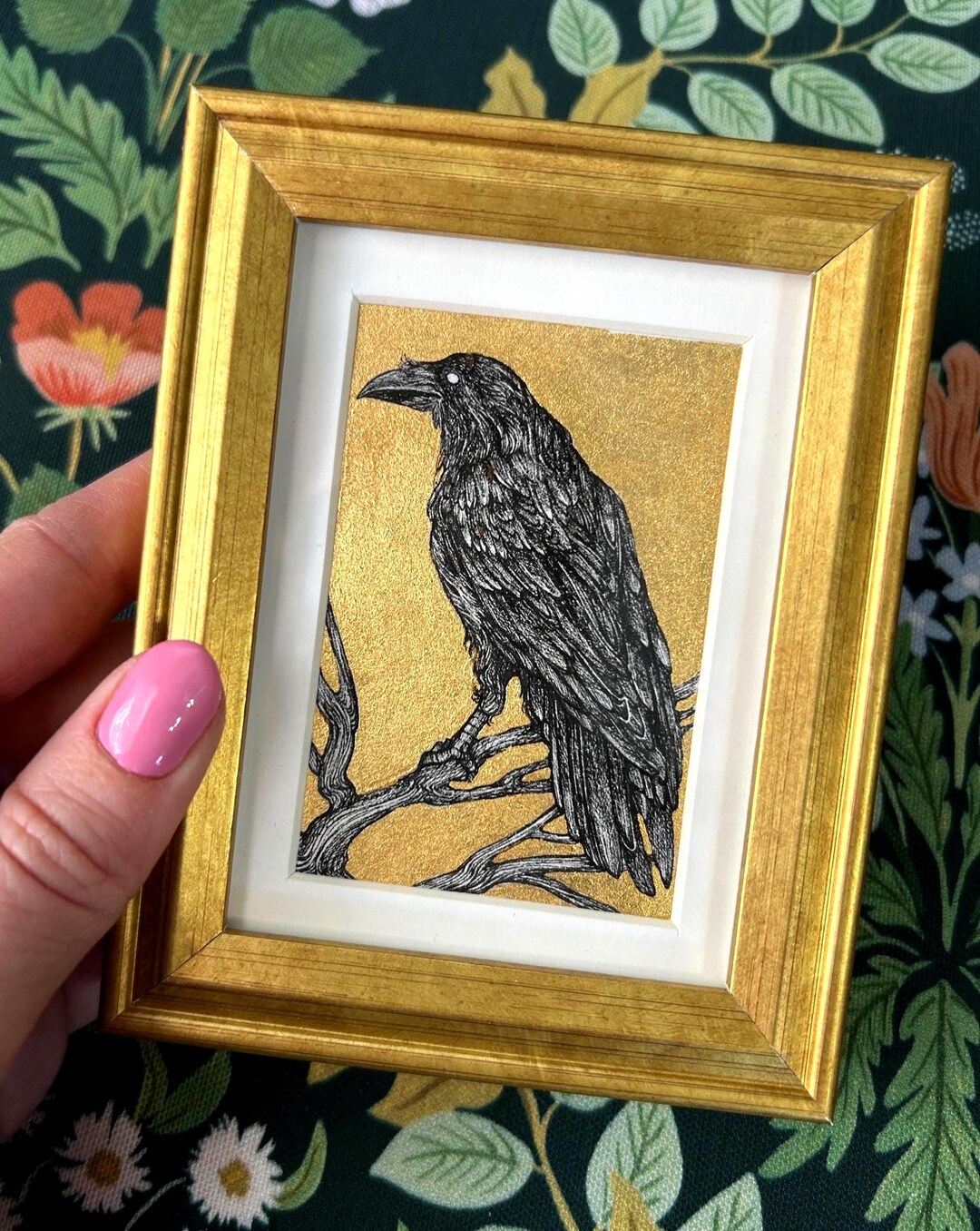 Original Raven Ink Drawing With 24k Gold Leaf in 4