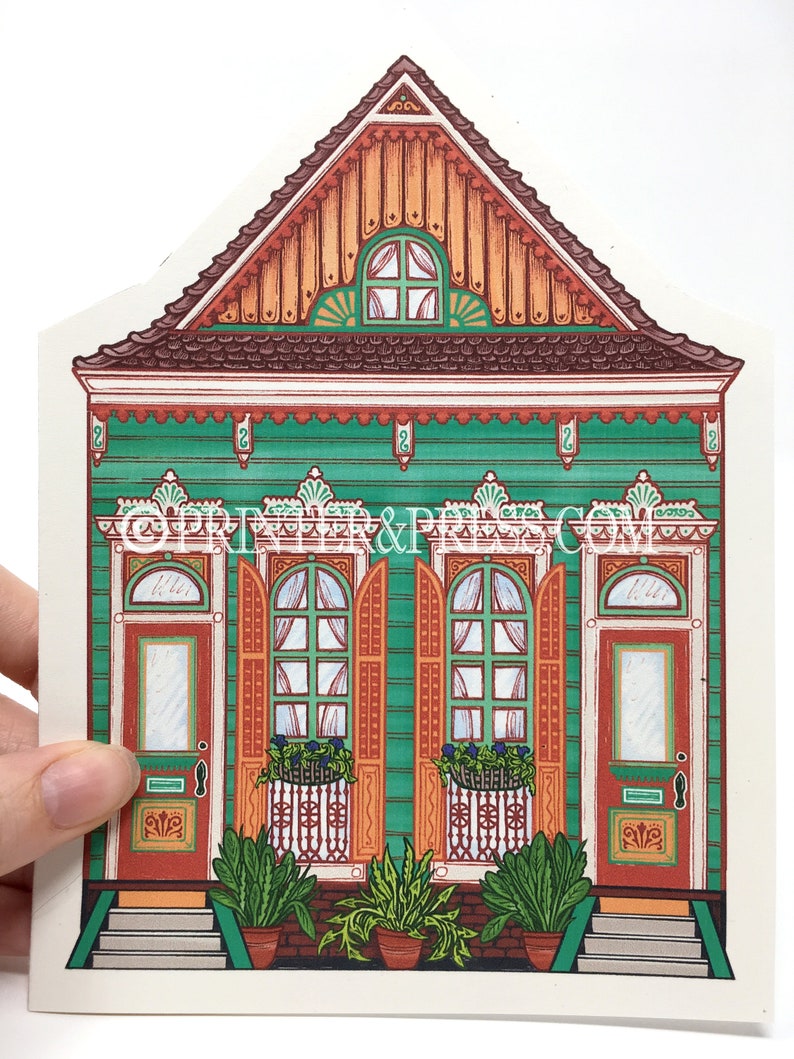 NOLA House Green New Orleans House Card with Orange Envelope Original Art Card Architecture Art Card Digitally Colored and Printed