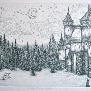 May include: Black and white etching of a castle scene. A detailed castle with multiple turrets and arched walkways is on the right. A forest and a crescent moon are in the background. The text "Ride to the Castle" is at the bottom.