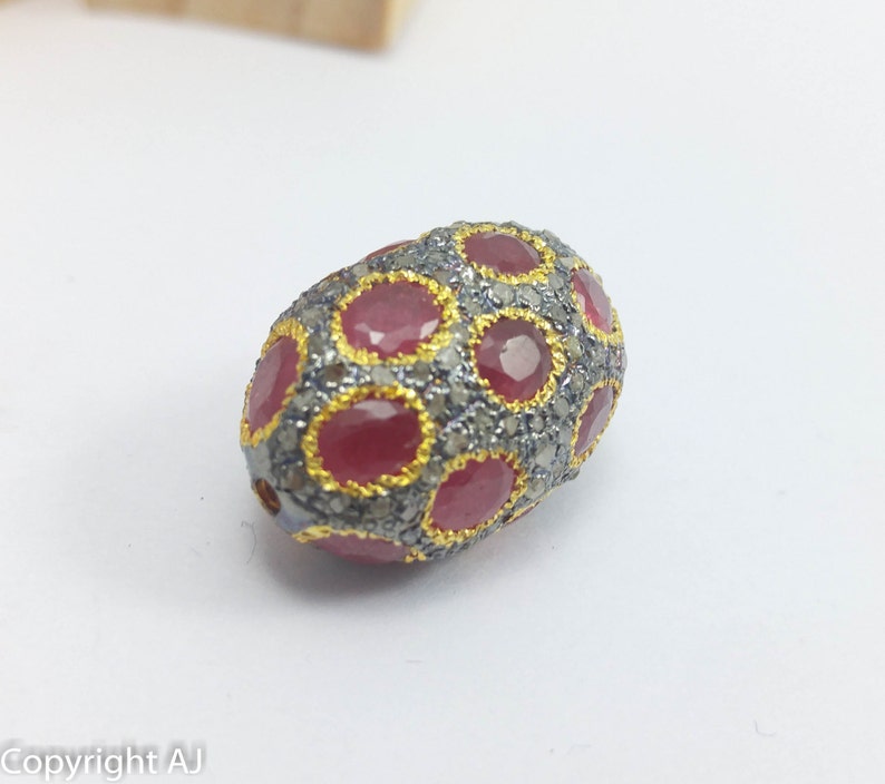 Geniune natural Ruby Beads 925 Sterling Solid Silver Pave beads findings Natural Stunning Red RUby Bead with Pave Diamonds