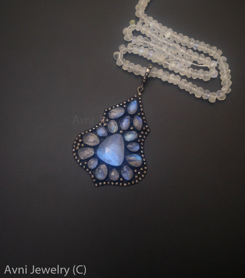 Jet black 925 Sterling Silver High Quality Moonstone and Diamonds Pave Diamond moonstone Oval Pendant Necklace with Moonstone Beads