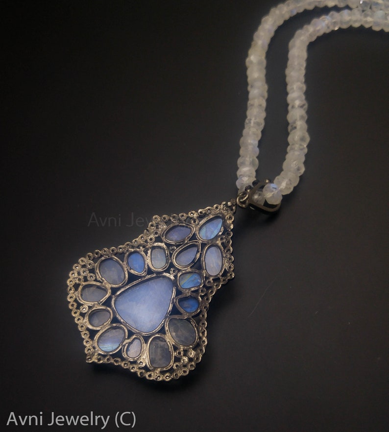 Jet black 925 Sterling Silver High Quality Moonstone and Diamonds Pave Diamond moonstone Oval Pendant Necklace with Moonstone Beads