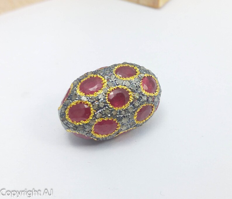 Geniune natural Ruby Beads 925 Sterling Solid Silver Pave beads findings Natural Stunning Red RUby Bead with Pave Diamonds