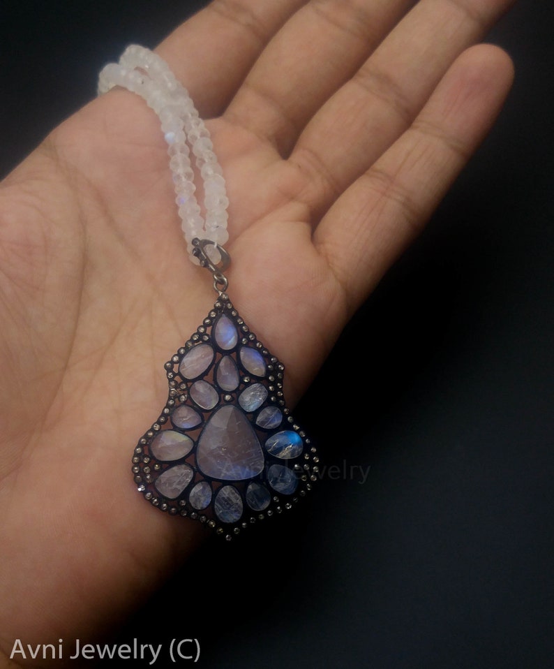 Jet black 925 Sterling Silver High Quality Moonstone and Diamonds Pave Diamond moonstone Oval Pendant Necklace with Moonstone Beads
