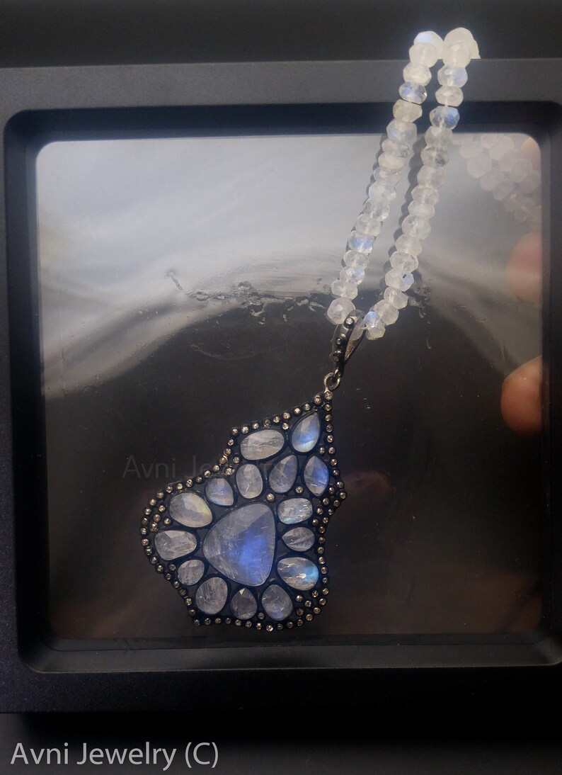 Jet black 925 Sterling Silver High Quality Moonstone and Diamonds Pave Diamond moonstone Oval Pendant Necklace with Moonstone Beads