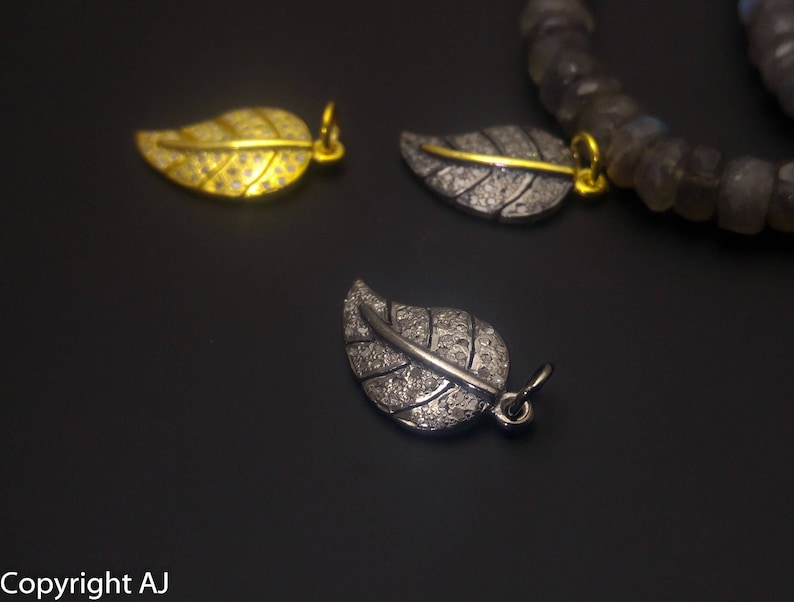 Pave Diamond Leaf Charm Pendant Pave Diamond Charms Pave diamond findings 925 Sterling Silver Tree Leaf Pave Leaf- Pave Leaf Charm