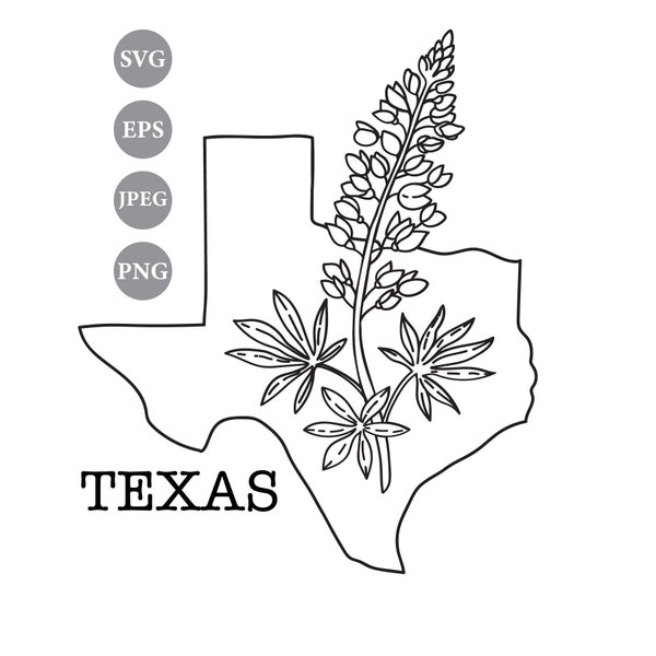 SVG Texas map with bluebonnet flower Vector line clipart Lupine vector black and white illustration Eps Jpeg Png instant download