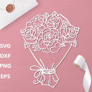Ramo de rosas clipart en blanco y negro SVG, DXF, EPS, PNG Ilustración vectorial de flores para Cricut, decoración y scrapbooking