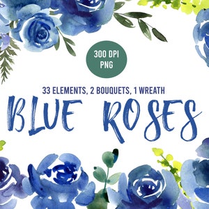 Watercolor Blue Roses Flowers Clipart Green Leaves Branches Floral Clip Art Bouquet Border Florals Drop PNG