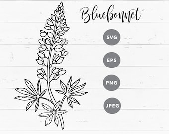 SVG Bluebonnet clipart for Cricut Lupine vector black and white illustration Eps Jpeg Png Texas symbol Wild flowers instant download