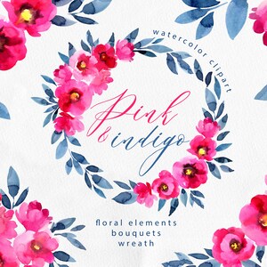 Fleurs roses et feuilles indigo clipart PNG Printemps Coquelicots Couronne florale et bouquets pour carte de mariage, invitation, salutation Téléchargement instantané