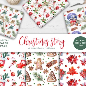 Set of 6 Christmas hand drawn watercolor digital paper, JPEG, Poinsettia pattern, Christmas tree branch digital paper, gingerbread, pine