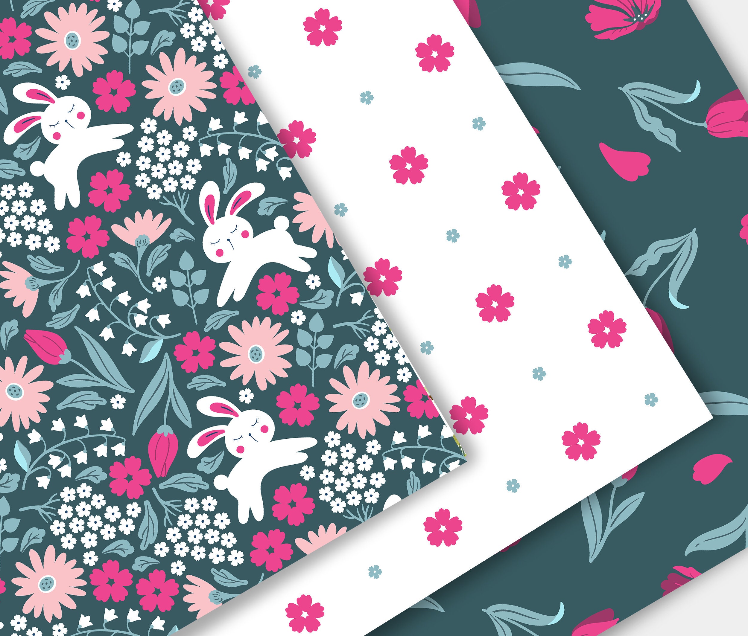Bunny and Pink Flowers Digital Paper Set. Spring Floral Seamless ...