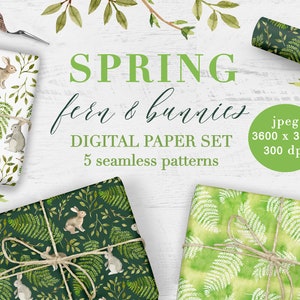 以下が含まれることがあります： 春をテーマにした5つのシームレスパターンを備えたデジタルペーパーセット。デザインには、ウサギ、シダ、緑と白の色合いの葉が含まれています。「SPRING fern & bunnies DIGITAL PAPER SET」のテキストが表示されています。