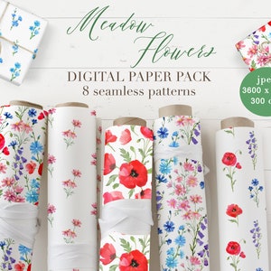 Aquarell Wildblumen digitales Papier pack Floral Scrapbooking Layout Mohnblumen Hintergrund Clipart. Druckbares nahtloses Muster