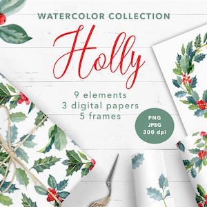 Holly watercolor collection. Holly frames. Christmas Ilex borders. Holly digital paper. Green holly wrapping paper. Holly Digital clipart.