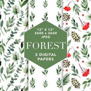 Forest Watercolor Digital Paper Seamless Patterns Set Leaf Leaves Foliage Botanical Greenery Background Scrapbooking JPEG Wrapping Berry