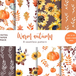 Fall digital paper set, Printable, Pumpkins patterns, Sunflowers digital paper, Autumn Leaves patterns, Watercolor scrapbooking background