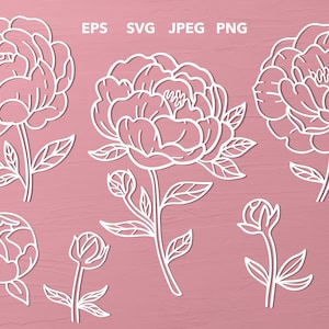Pfingstrosen Clipart schwarz weiß SVG, Jpeg, EPS, PNG Vektor Blume Illustration für Cricut, Dekoration und Scrapbooking Sofort Download