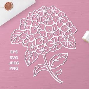 Clipart de hortensia en blanco y negro SVG, Jpeg, EPS, PNG Ilustración vectorial de flores para Cricut, decoración y scrapbooking