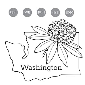 SVG Washington-kaart met rododendron bloem Vector lijn clipart bloemen vector zwart-wit afbeelding Eps Jpeg Png instant download