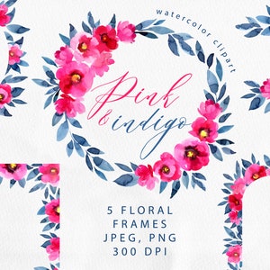 Boho cadre de fleurs PNG Coquelicots roses fleur et feuilles indigo Bordures, couronne, modèles de cartes de mariage. Téléchargement instantané Imprimable