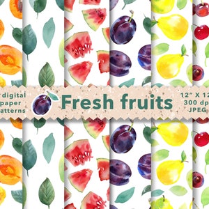 Watercolor fruits digital paper pack, seamless pattern, scrapbooking layout, summer background