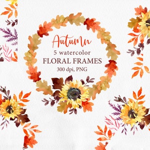 Molduras de outono Boho PNG Girassóis aquarela Bordas digitais Modelo de cartão e pôster Folhagem Moldura floral Dia de Ação de Graças