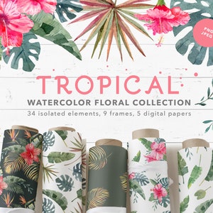 Tropical floral clipart collection. Watercolor Exotic Hawaii flowers, green leaves, floral frames and digital paper. Instant download