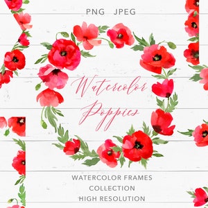 Aquarell Floral Rahmen PNG Aquarell Rot Mohn Clipart Rahmen Mohn Kranz Frühling Blumen Grenzen Pack druckbare sofortigedownload