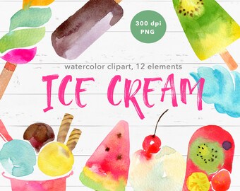 Ice cream clipart PNG. Watercolor Popsicles clip art. Summer illustration. Stickers. Ice cream cone