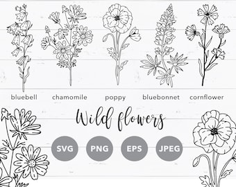 SVG Vector line flowers clipart for Cricut  Bluebonnet vector black and white illustration Eps Jpeg Png Wild flowers instant download