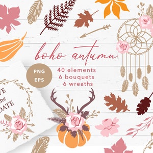 Boho Herbst Blumen Clipart Sammlung, Herbstkranz, Herbststräuße, Herbst Boho Hochzeit Kartenvorlage, EPS, PNG, Print, Thanksgiving Poster