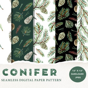 May include: Five seamless digital paper patterns featuring watercolor illustrations of pine branches and pine cones. The patterns are in various colors, including green, white, and black. The patterns are 12 inches by 12 inches and are 3600 pixels by 3600 pixels.