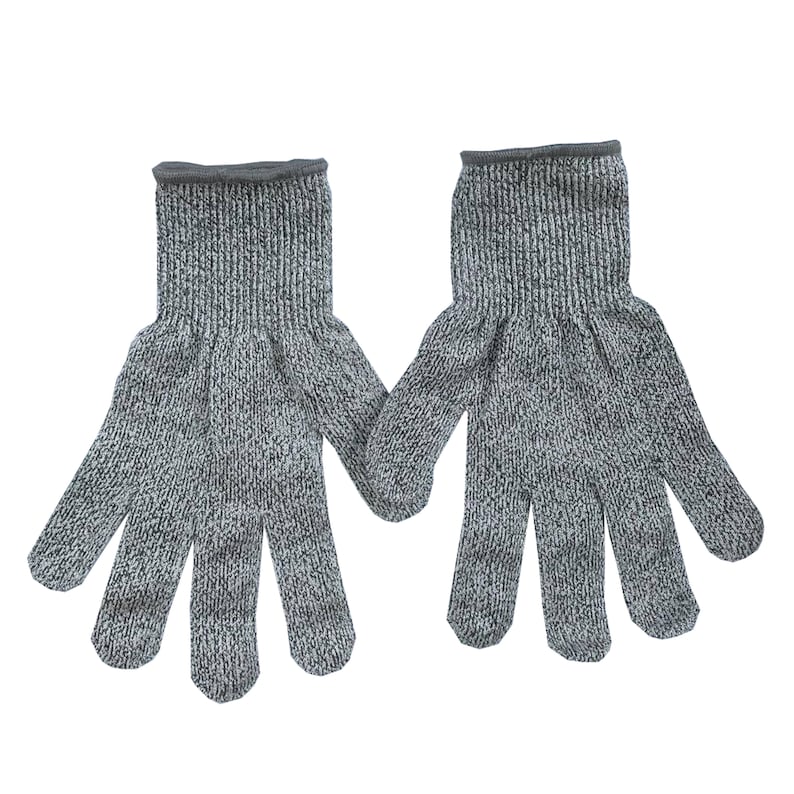 K&ouml;nnte beinhalten: Ein Paar graue und wei&szlig;e schnittfeste Handschuhe mit schwarzem Besatz. Die Handschuhe haben f&uuml;nf Finger und sind aus einem gestrickten Material gefertigt.