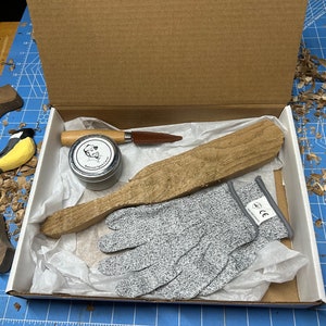 Spurtle Wood Carving Kit  Beginner Whittling Set with Knife, Gloves & Butternut Blank  Easy DIY Carving Project Gift for Adults and Teens