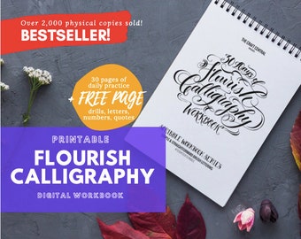 Flourish Calligraphy Printable Workbook Lettering Practice Guide, Handwriting Practice Sheets, Nib Modern Calligraphy Worksheet