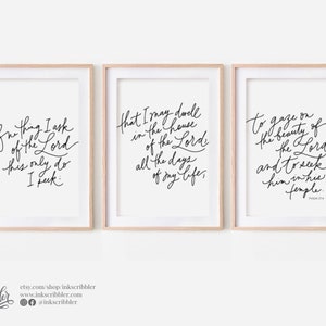 Psalm 27:4, En sak ber jag om, sök Herren, set med 3 konsttryck, utskrivbar väggdekor, bibelverscitat, minimalistisk bibelvers, enkel svartvit