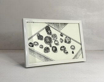 Framed Original Pen & Ink Drawing of Gemstones