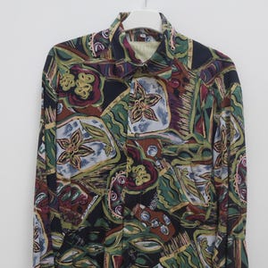 Bright abstract print men&#39;s shirt Vintage 90&#39;s Long sleeves viscose shirt M size